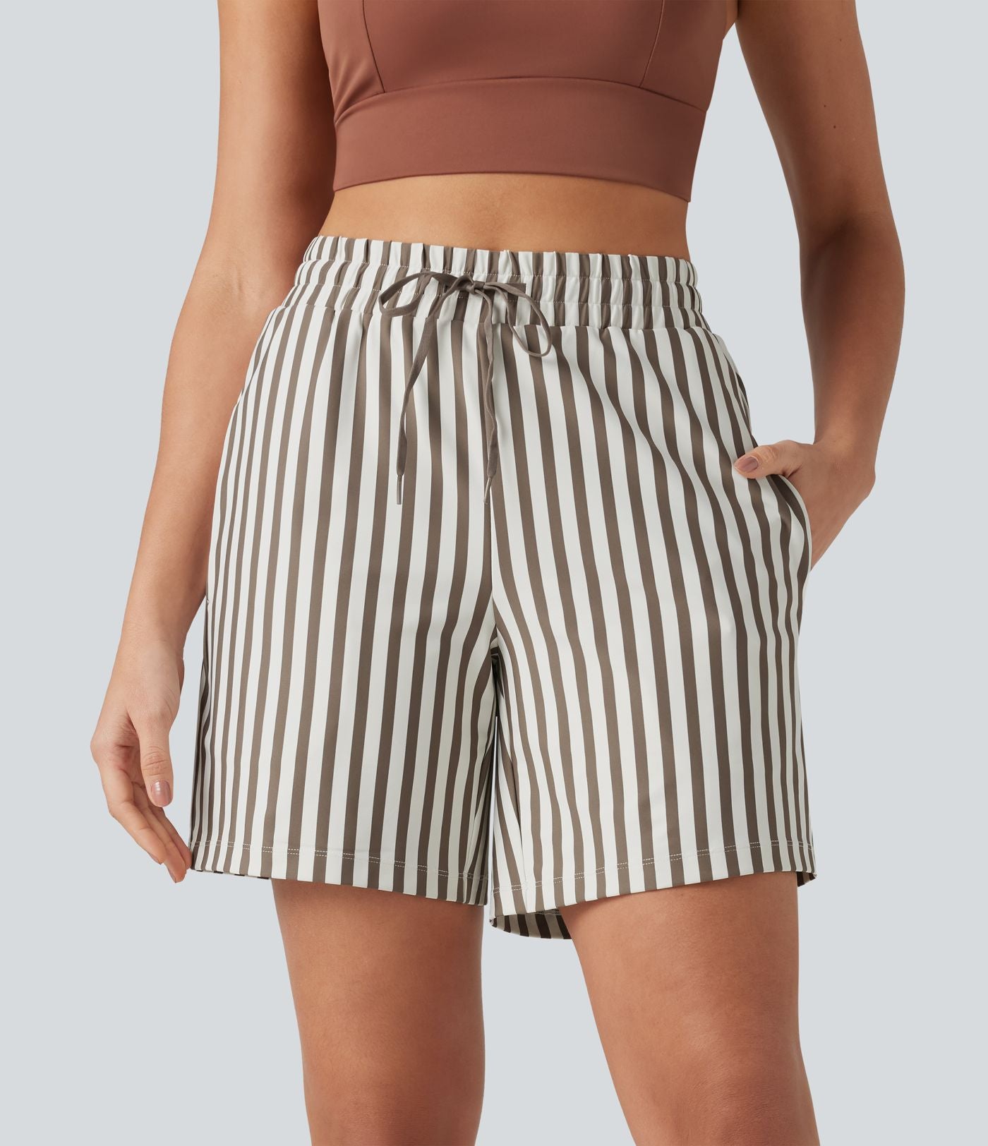 Short de yoga 2 en 1 à rayures taille haute avec cordon de serrage, poches, 17,5 cm