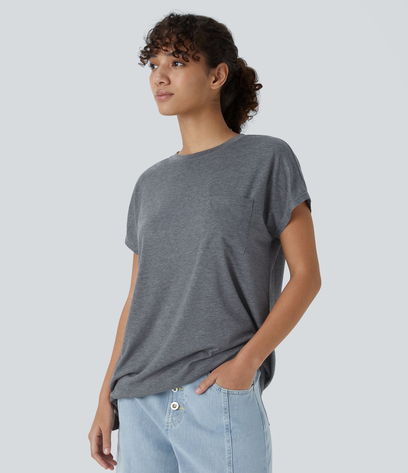 T-shirt Casual Relax à Col Rond Poche Poitrine Ourlet Fendu