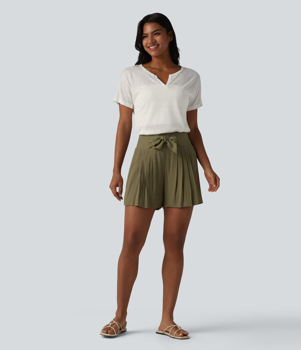 T-shirt casual col V semi-transparent en lyocell manches courtes