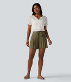 T-shirt casual col V semi-transparent en lyocell manches courtes
