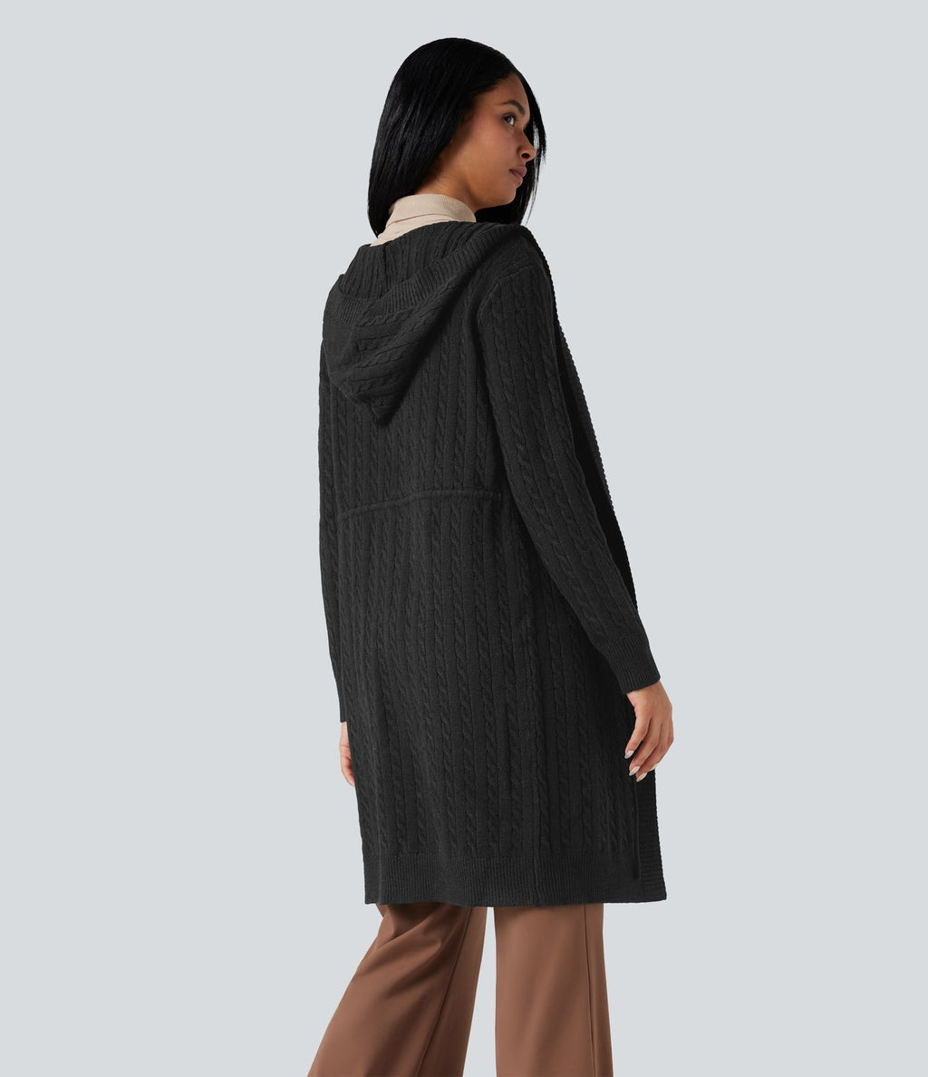 Cardigan long à capuche cordon de serrage manches longues