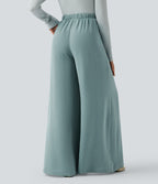 Pantalon large fluide décontracté taille haute effet lin avec cordon de serrage et poches