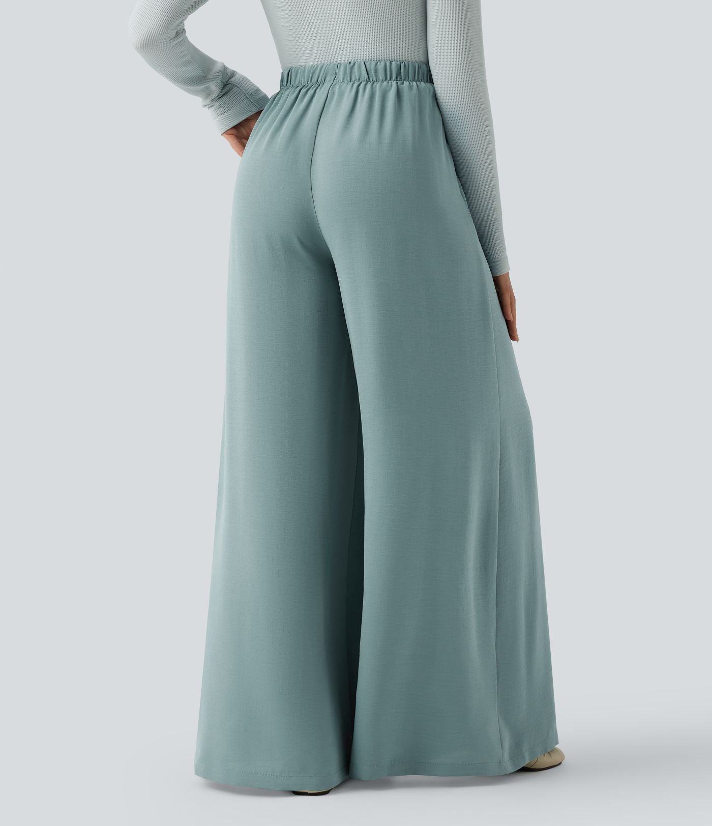 Pantalon large fluide décontracté taille haute effet lin avec cordon de serrage et poches