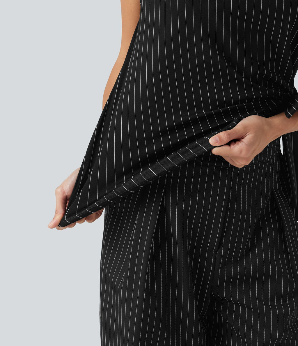 Blouse esprit bureau rayée à encolure bateau avec mancherons, fronces, lien côté et ourlet asymétrique