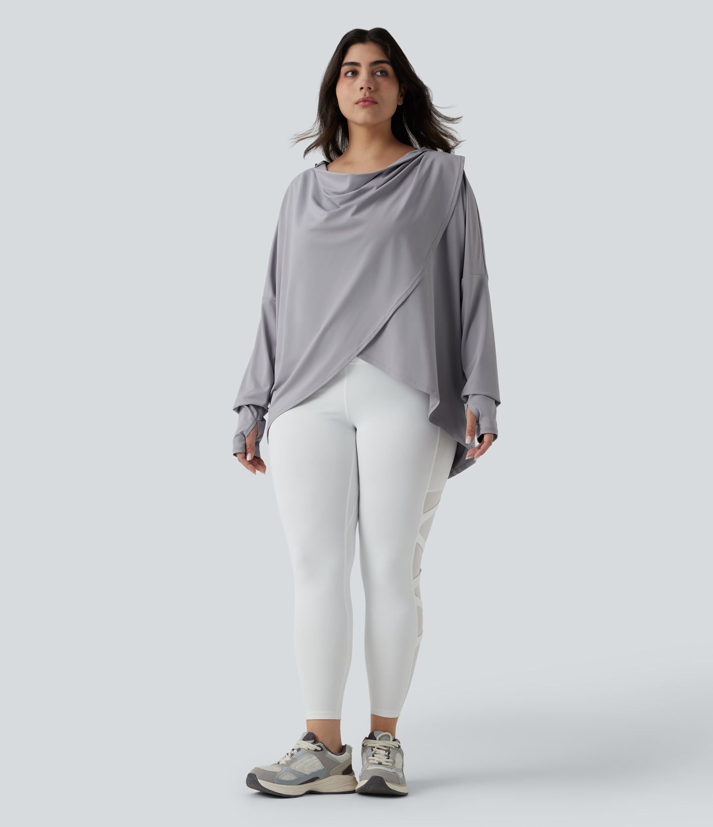 Top de sport yoga grande taille à capuche, col drapé, manches longues avec passants pouces et poches