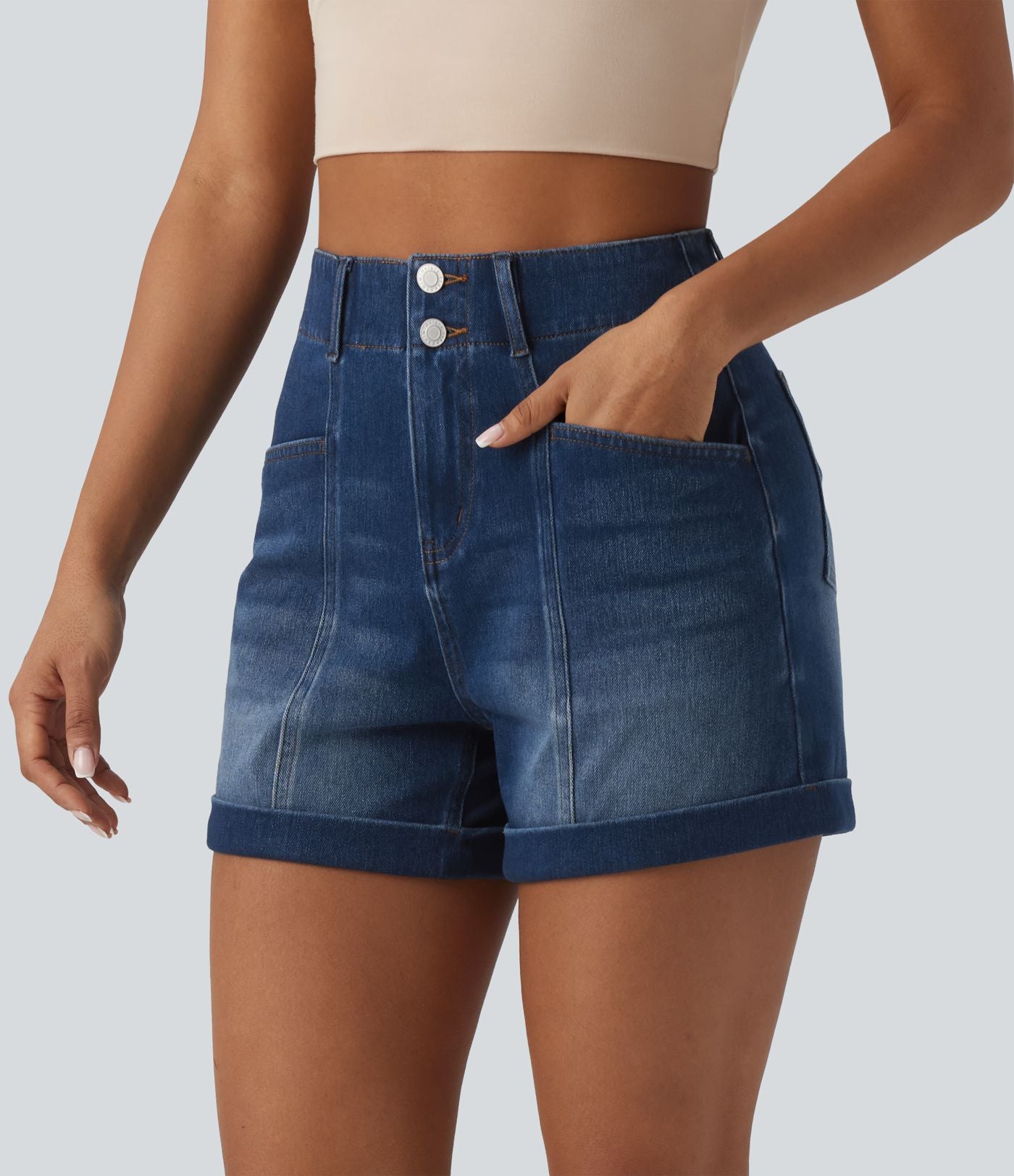 Halara Flex™ Short en jean casual taille haute ourlet roulé 10 cm avec poches