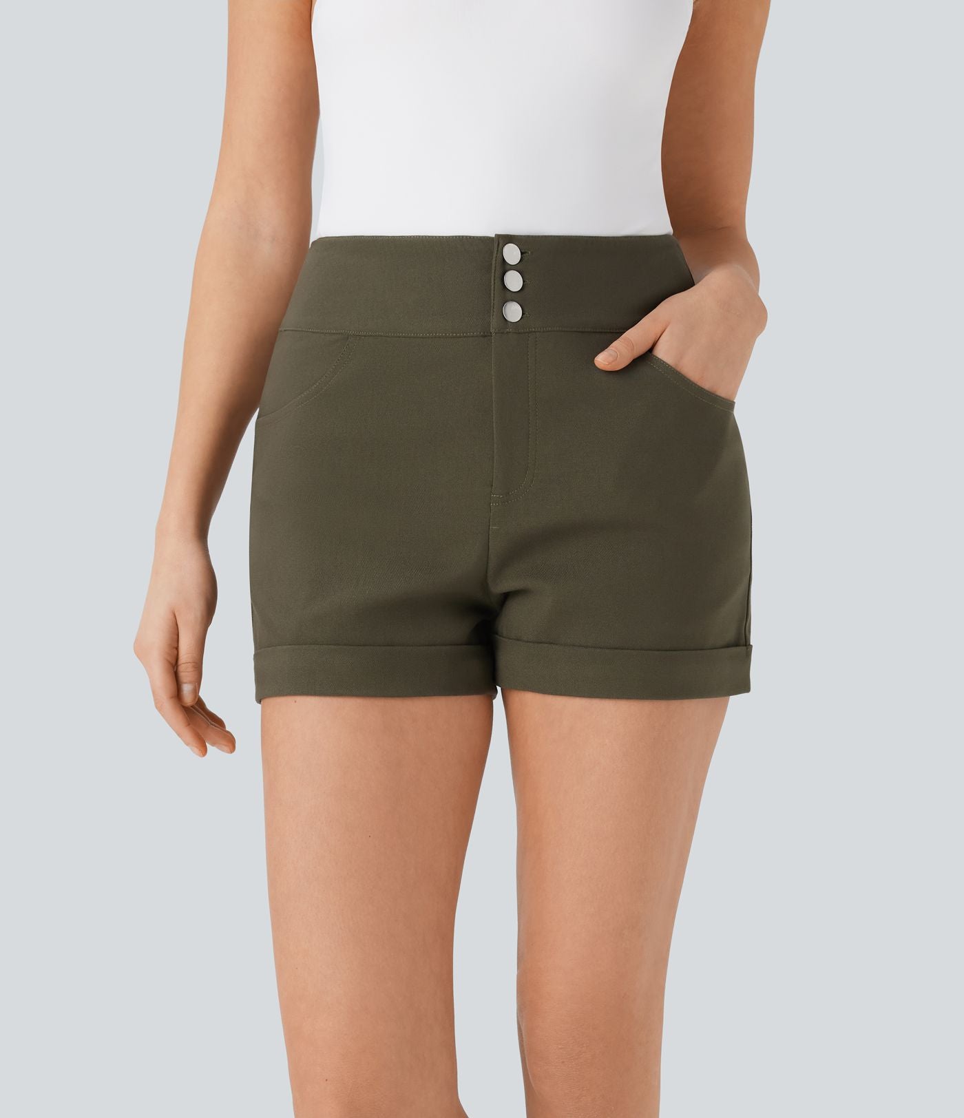 Short décontracté moulant taille haute avec boutons, ourlet roulé et poches
