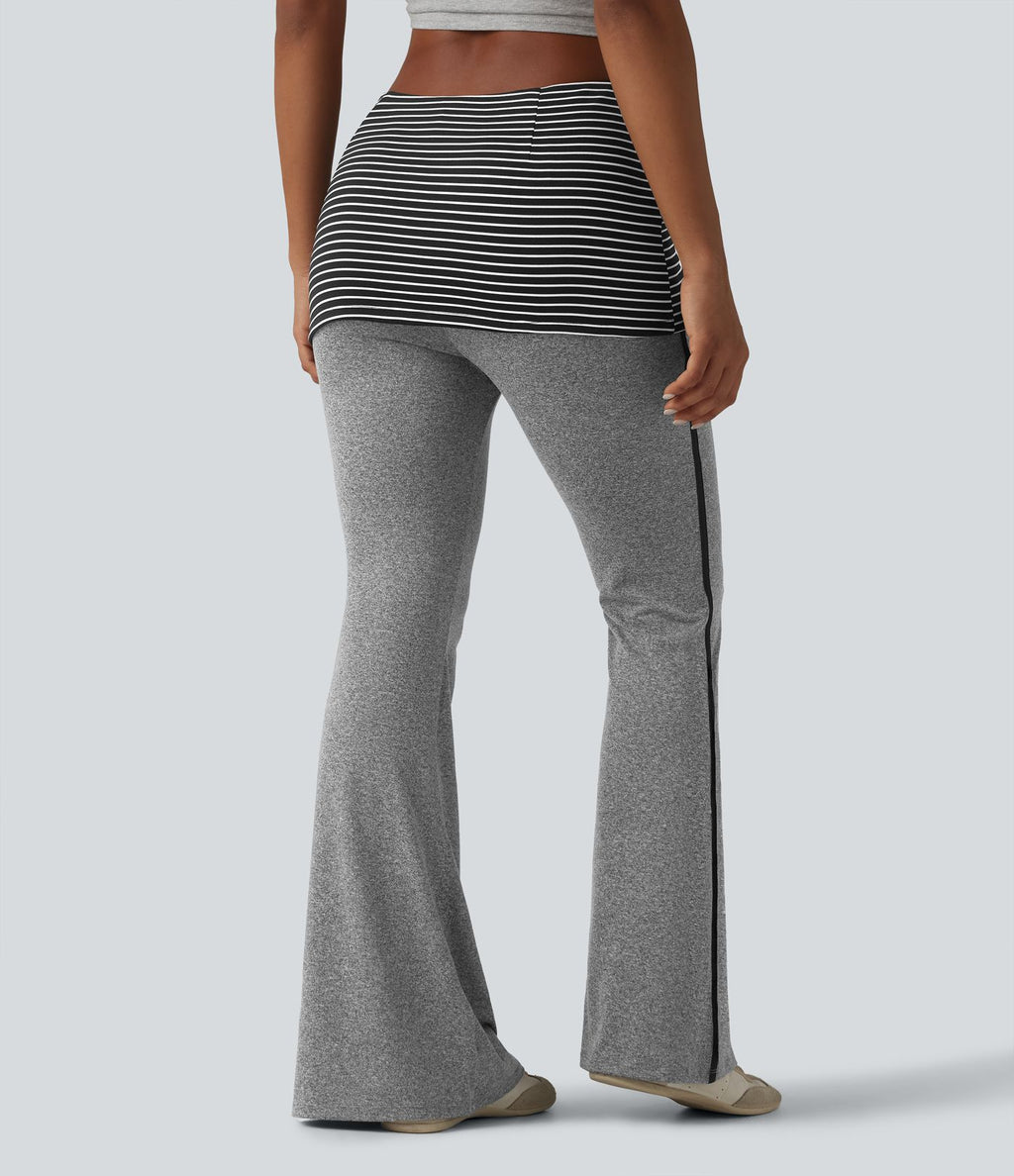 Pantalon évasé casual taille mi-haute à rayures avec ceinture repliable