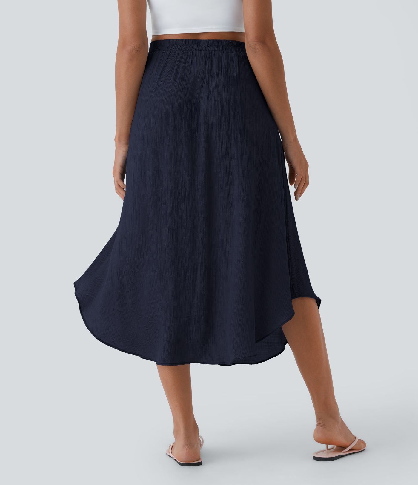 Jupe Midi Fluide Taille Haute Cordon de Serrage Boutonnés Poches Latérales
