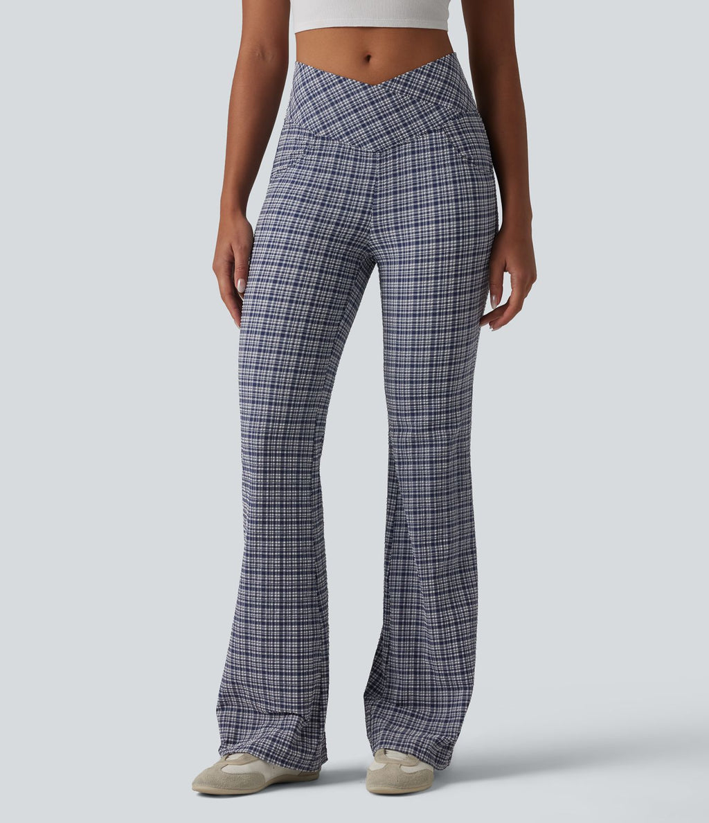 Pantalon évasé taille haute croisée ventre plat à carreaux en tissu froissé séchage rapide avec poches