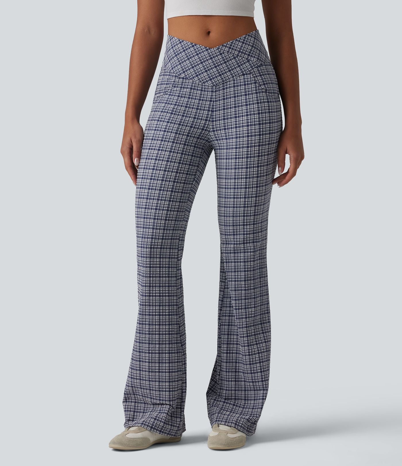 Pantalon évasé taille haute croisée ventre plat à carreaux en tissu froissé séchage rapide avec poches