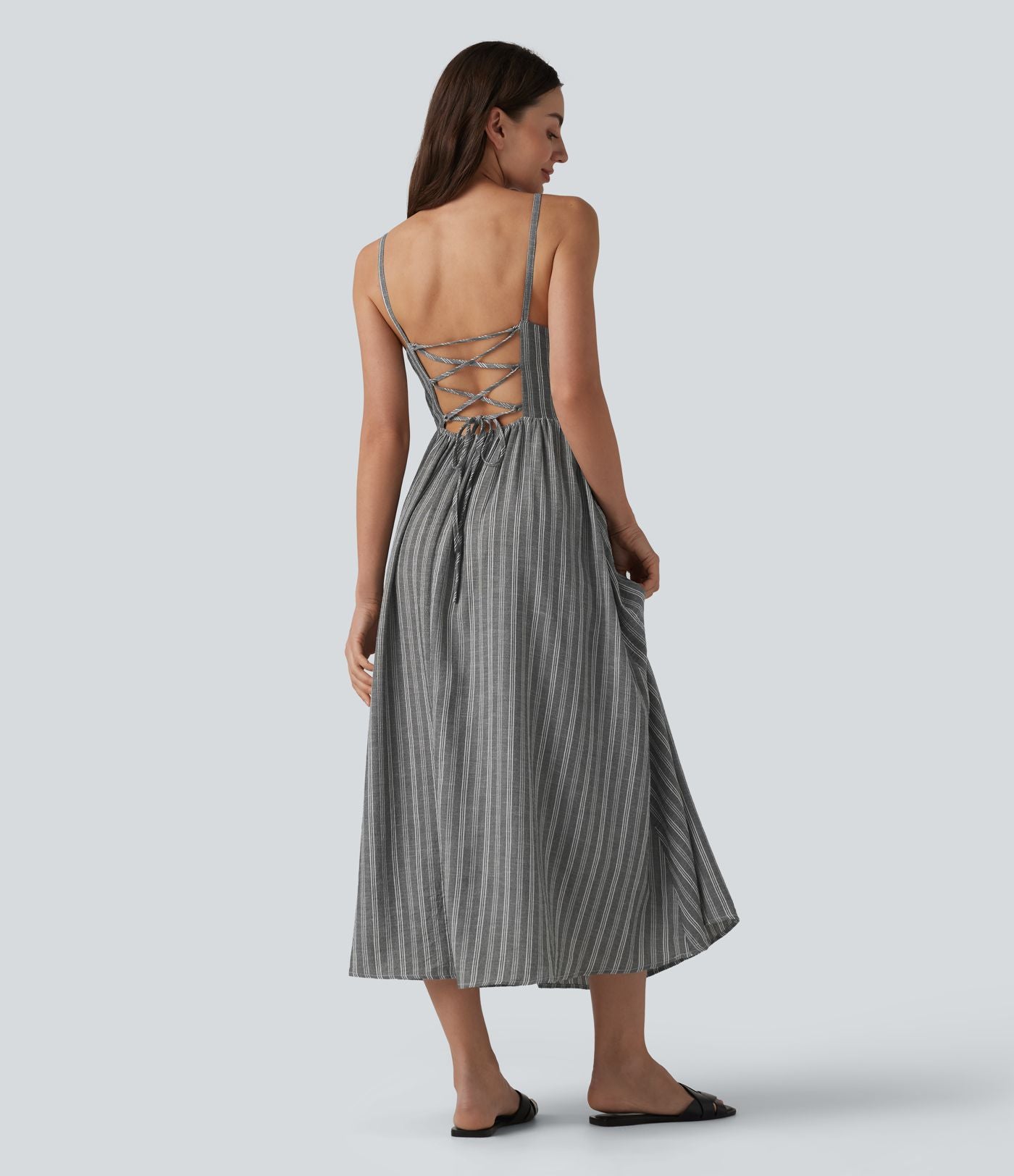 Robe nuisette midi fluide décontractée à rayures style corset lacé avec poches