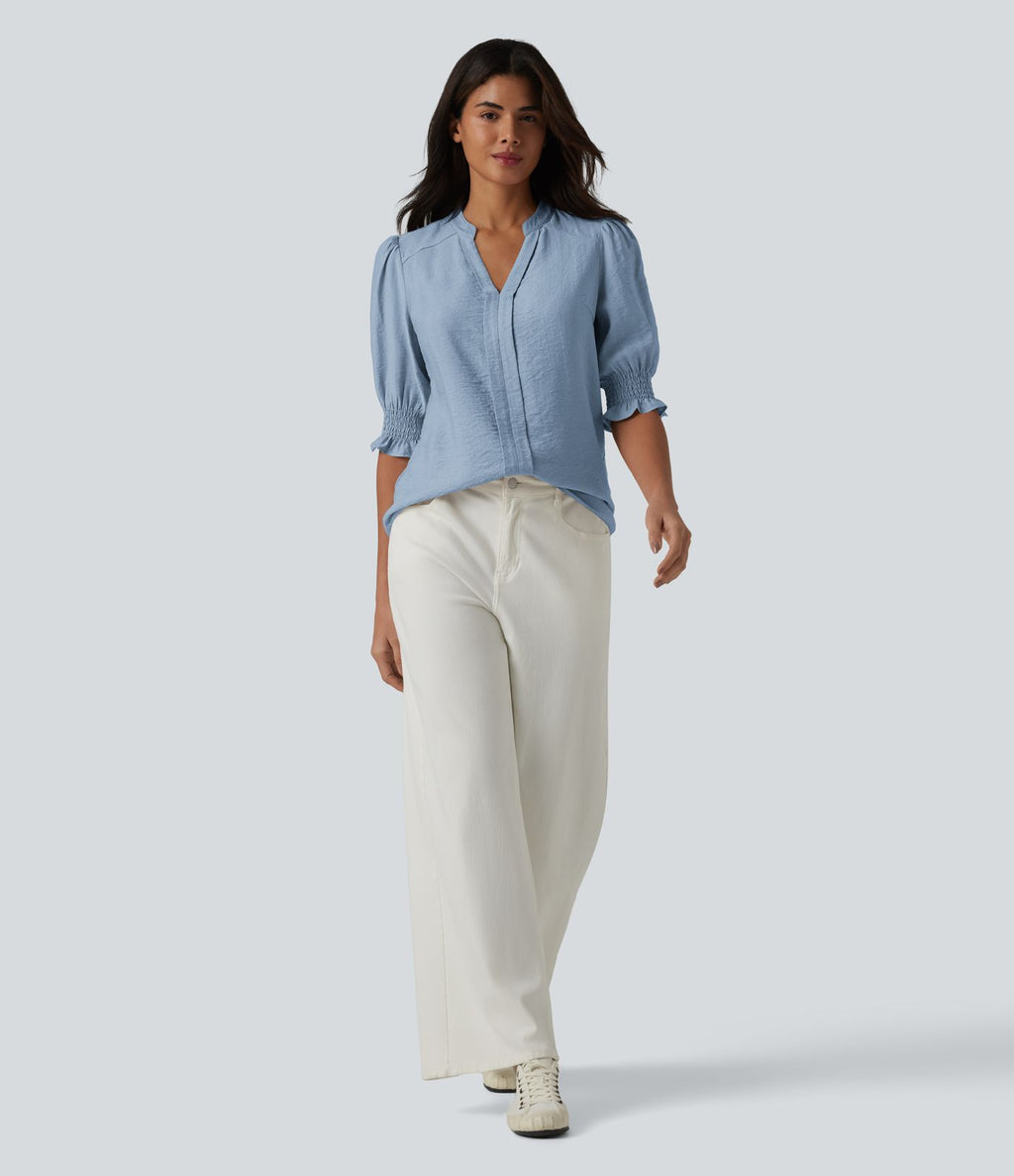 Blouse décontractée à col en V et manches courtes bouffantes
