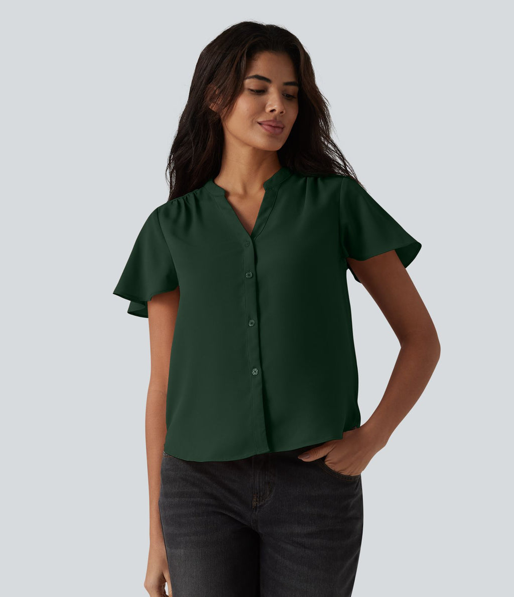 Blouse casual col V à manches volantées et ourlet arrondi