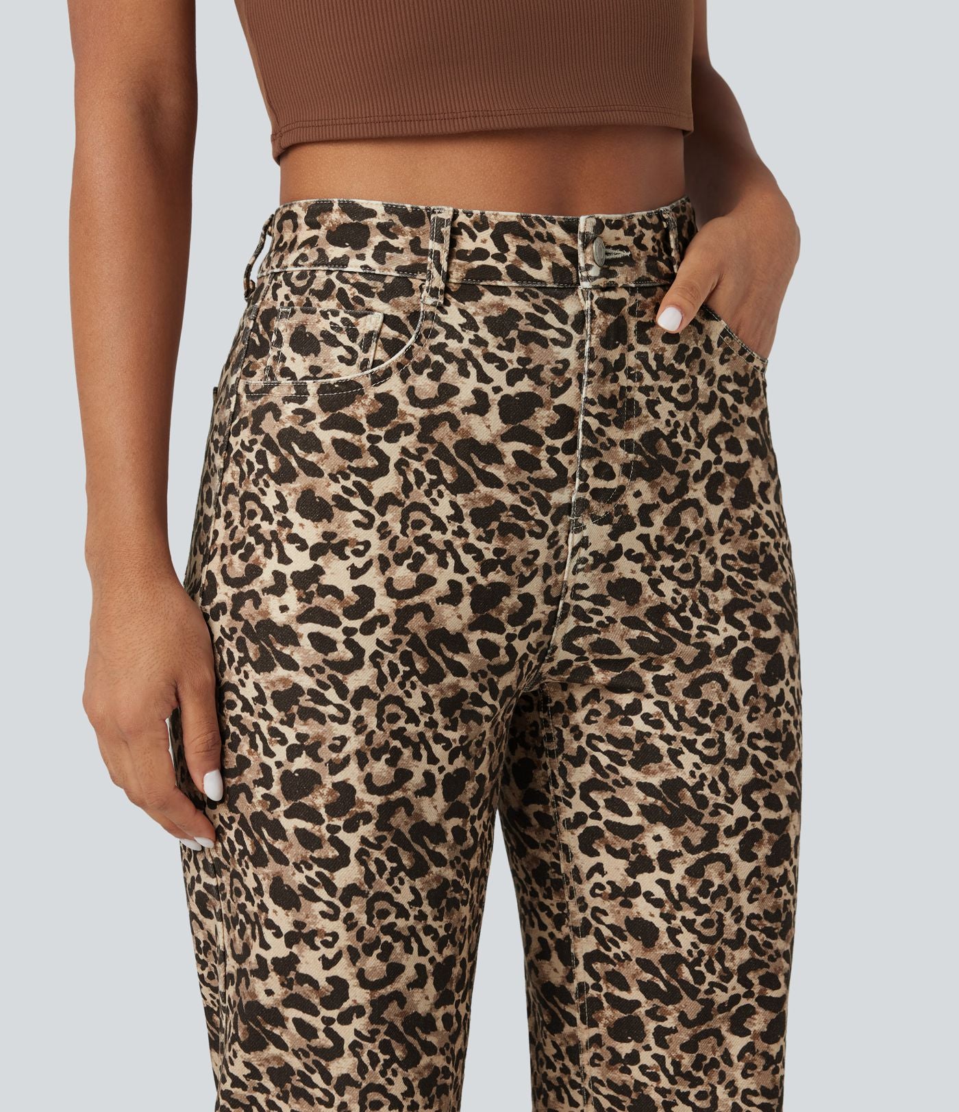 Jean Halara Flex™ coupe droite imprimé léopard taille haute avec poches