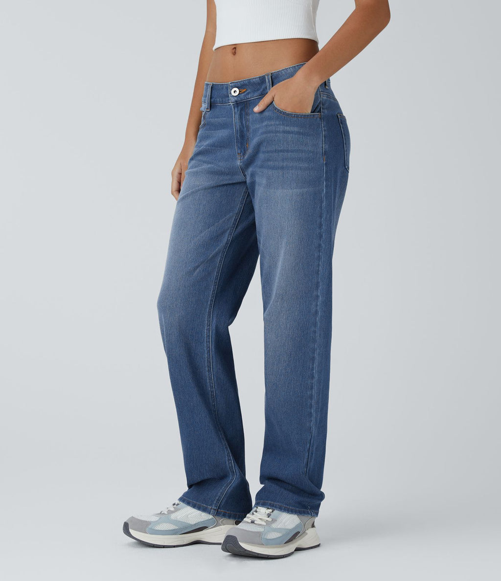 Jean décontracté Halara Flex™ taille basse à jambes droites avec bouton, fermeture éclair, multiples poches, effet délavé en maille extensible
