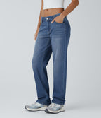 Jean décontracté Halara Flex™ taille basse à jambes droites avec bouton, fermeture éclair, multiples poches, effet délavé en maille extensible