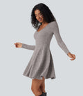 Robe décontractée mini évasée maille côtelée col V manches longues