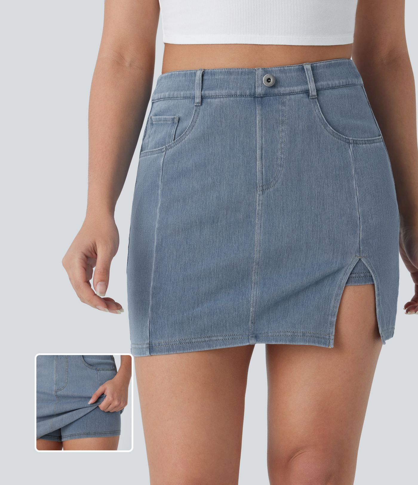 Halara Flex™ Mini-Jupe en Jean décontractée 2-en-1 moulante à taille haute avec poches multiples, fente, effet délavé et tissu extensible