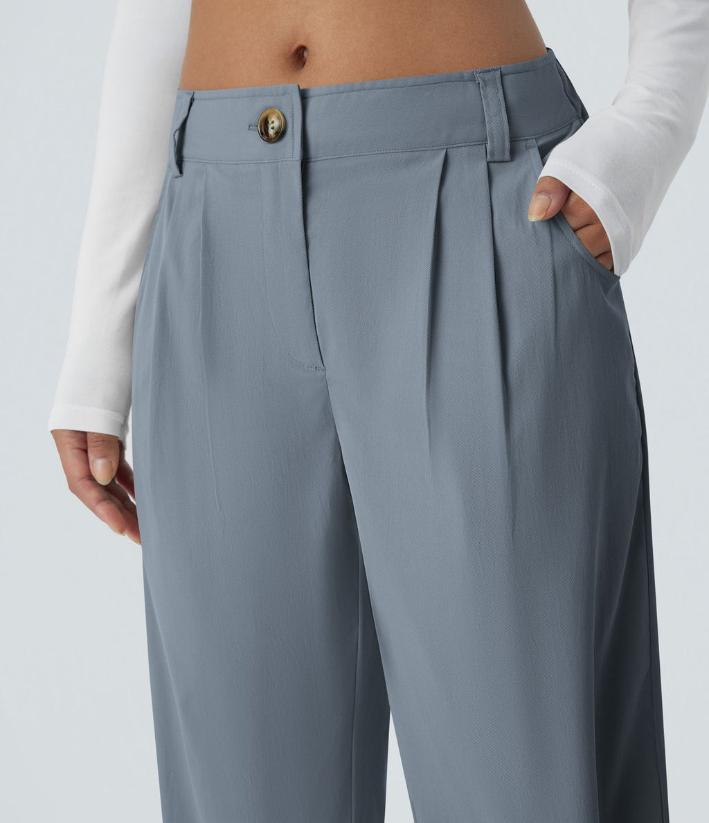 Pantalon décontracté droit taille moyenne à bouton, fermeture éclair et poches latérales