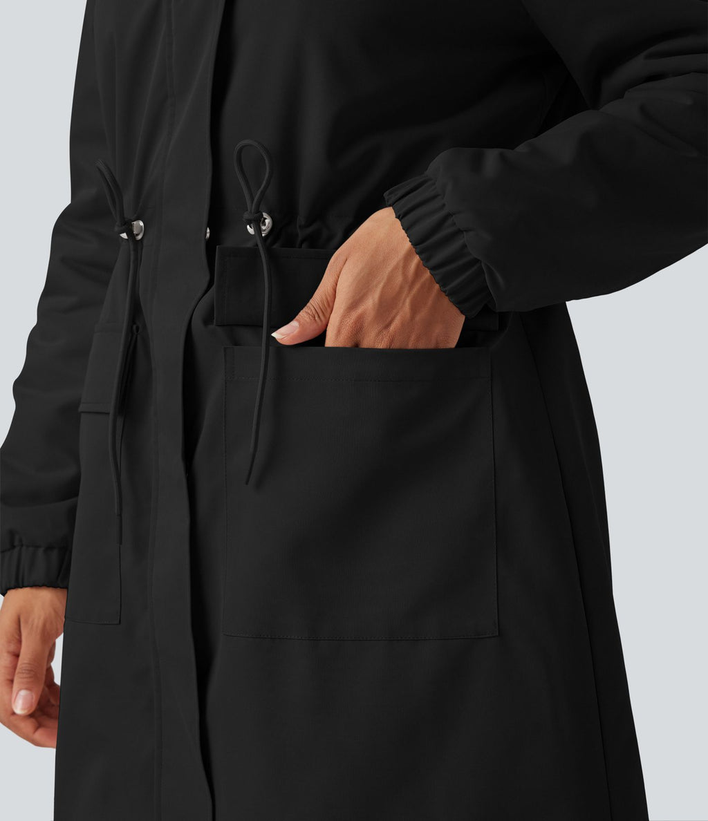 Parka longue polaire à capuche avec cordon de serrage manches longues et poches