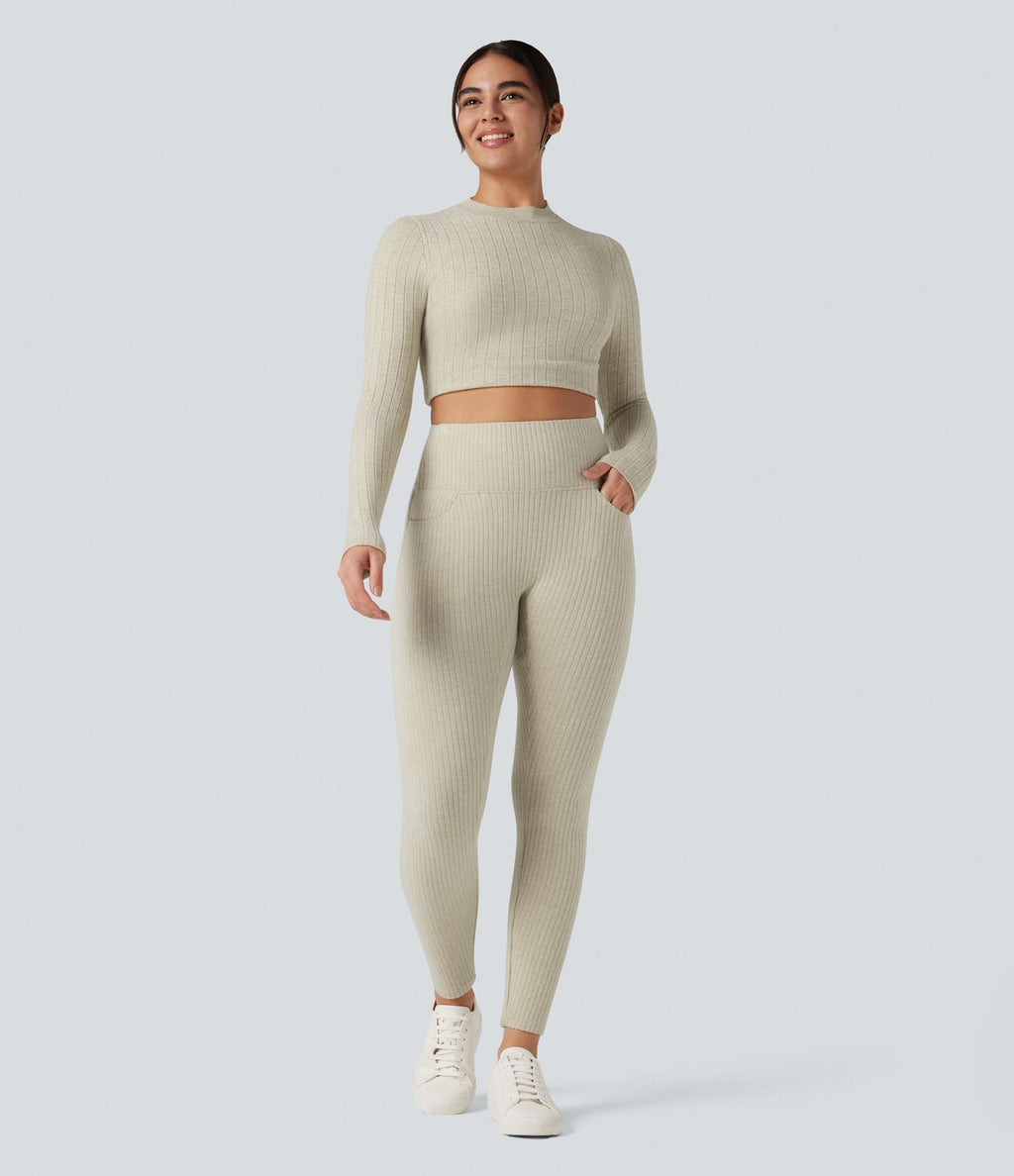 Legging côtelé croisé dans le dos taille haute avec poches