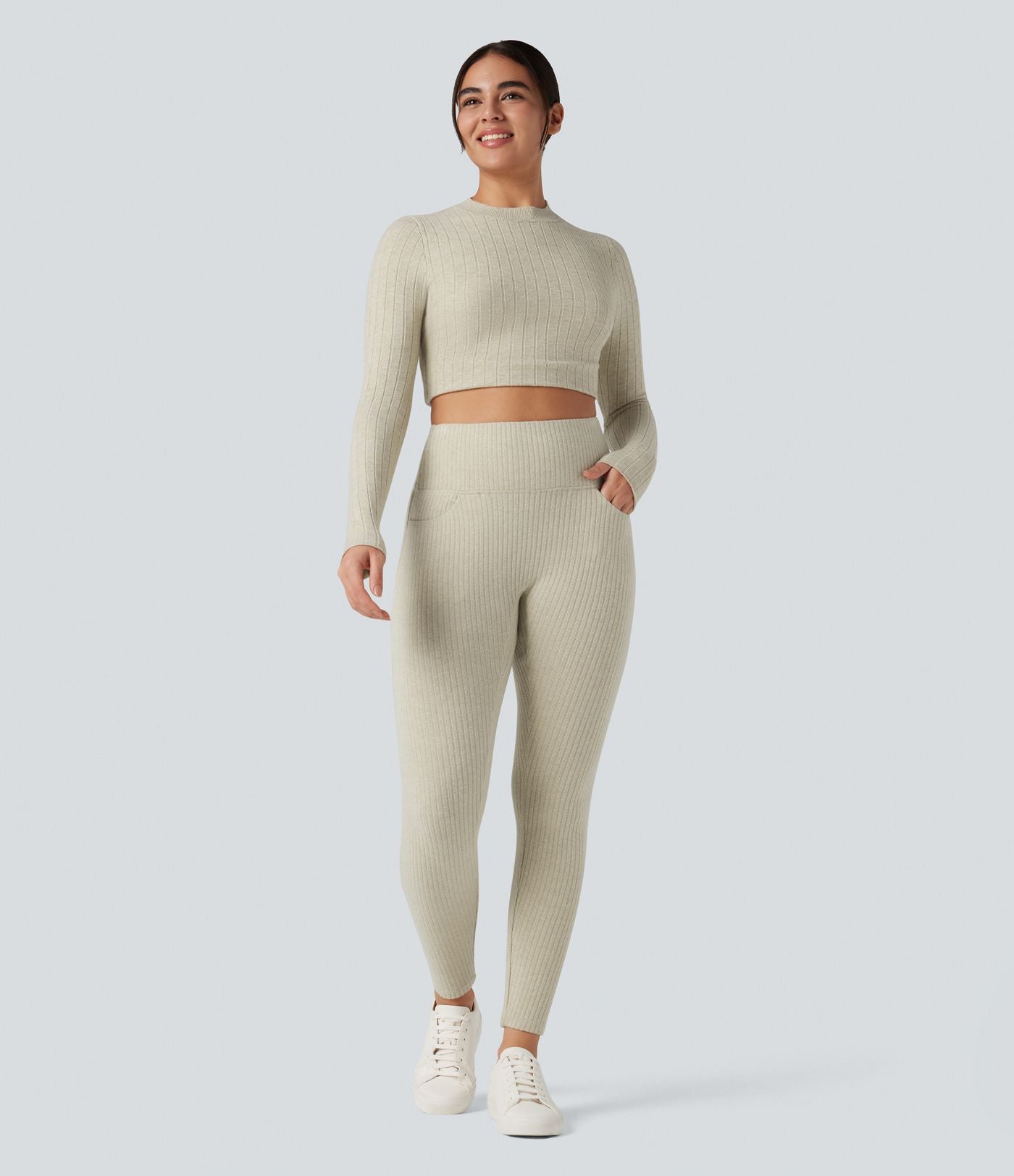 Legging côtelé croisé dans le dos taille haute avec poches
