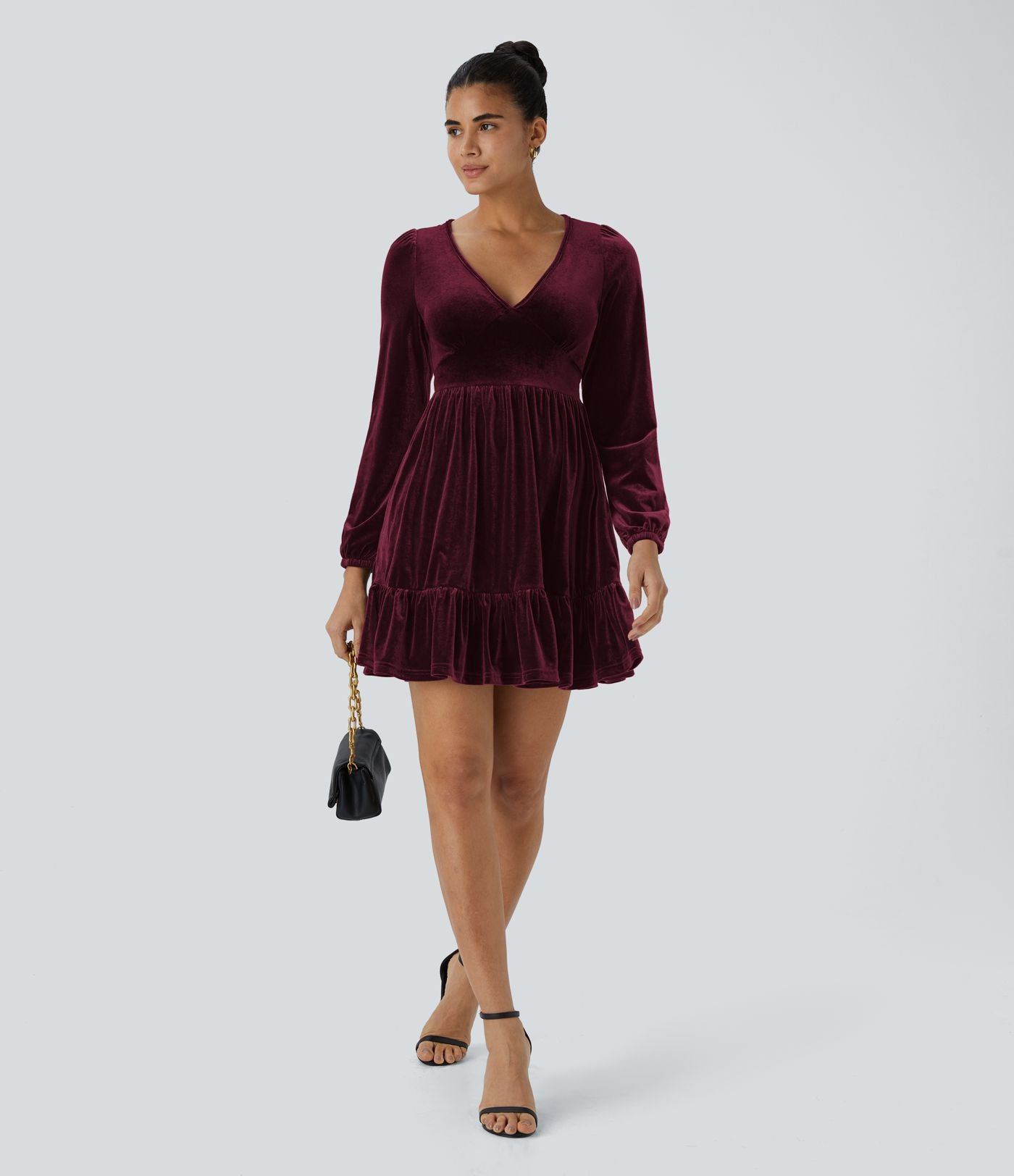 Quotidien Robe de Soirée Mini en Velours à Encolure en V Profond et Ourlet Volanté