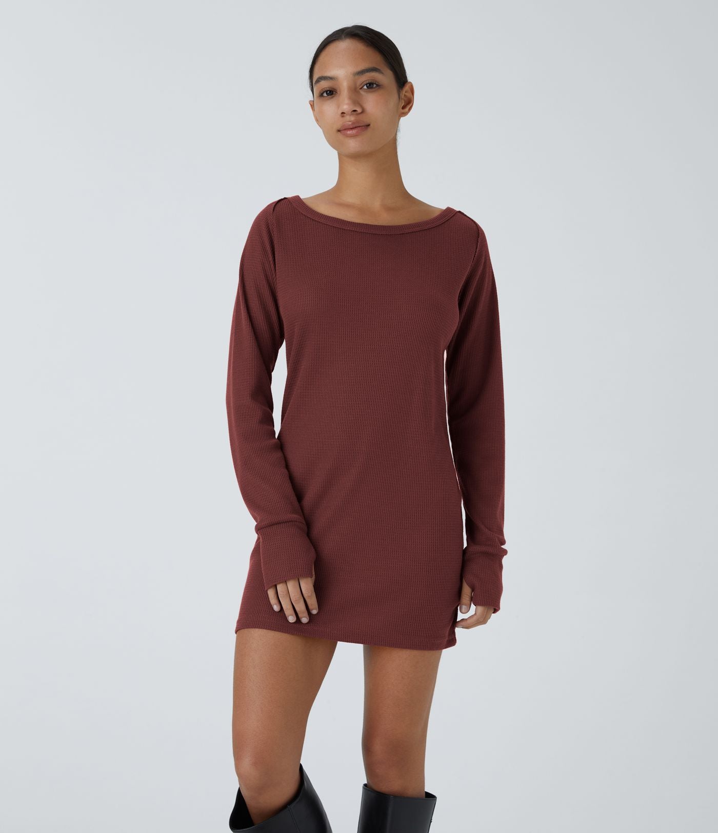 Robe Sweatshirt Casual Col Bateau Manches Raglan Avec Trous Pour Les Pouce Ourlet Fendu en Waffle