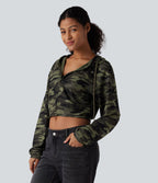 Sweat-shirt décontracté court à capuche, manches longues, motif camouflage et tissu gaufré