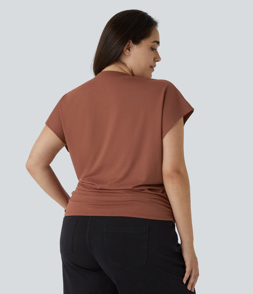Blouse Travail Unie Froncée Croisée Manches Courtes Col en V Grande Taille