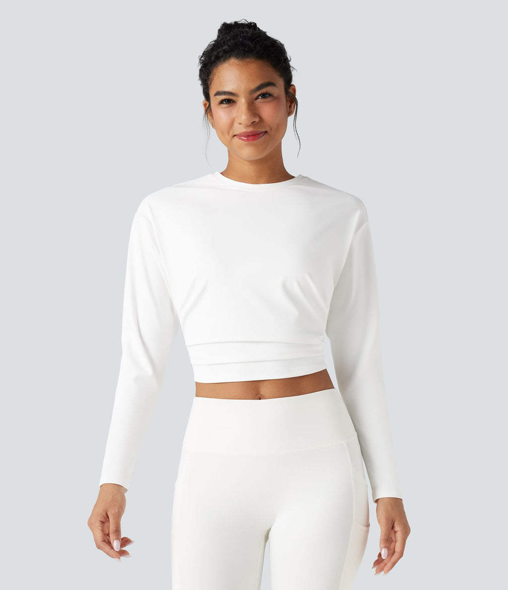 Top de sport yoga court froncé col rond manches longues