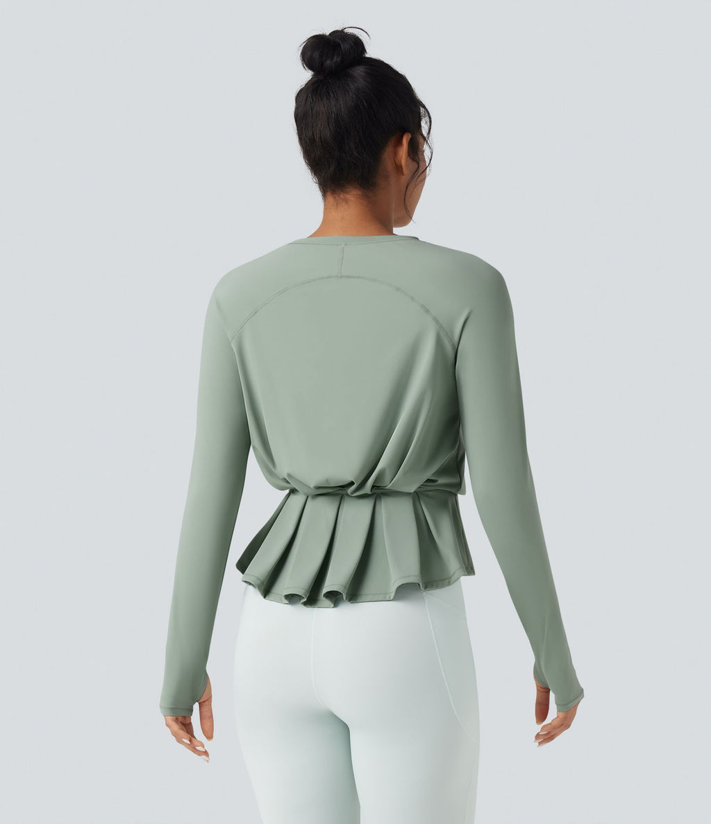 Haut de sport yoga SoftlyZero™ Airy col rond manches longues avec passe-pouces plissé effet frais InstantCool, protection solaire UPF50+