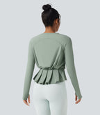 Haut de sport yoga SoftlyZero™ Airy col rond manches longues avec passe-pouces plissé effet frais InstantCool, protection solaire UPF50+