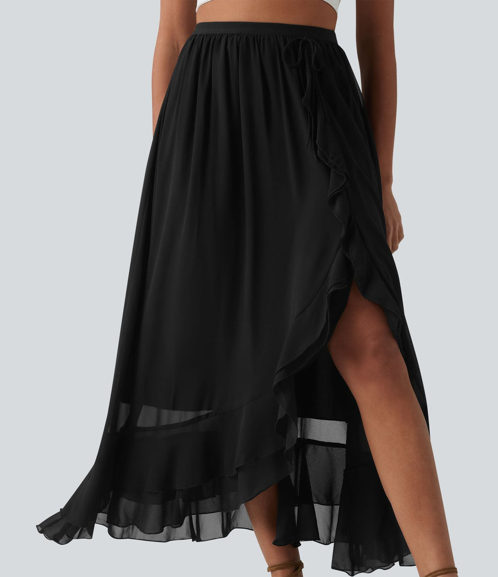 Jupe longue fluide taille haute à volants et ourlet asymétrique