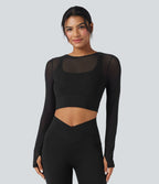 Haut de sport yoga cropped 2-en-1 manches longues mesh contrastant à trous pouces