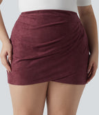 Jupe mini moulante décontractée grande taille en suédine, taille haute, froncée, avec ourlet croisé