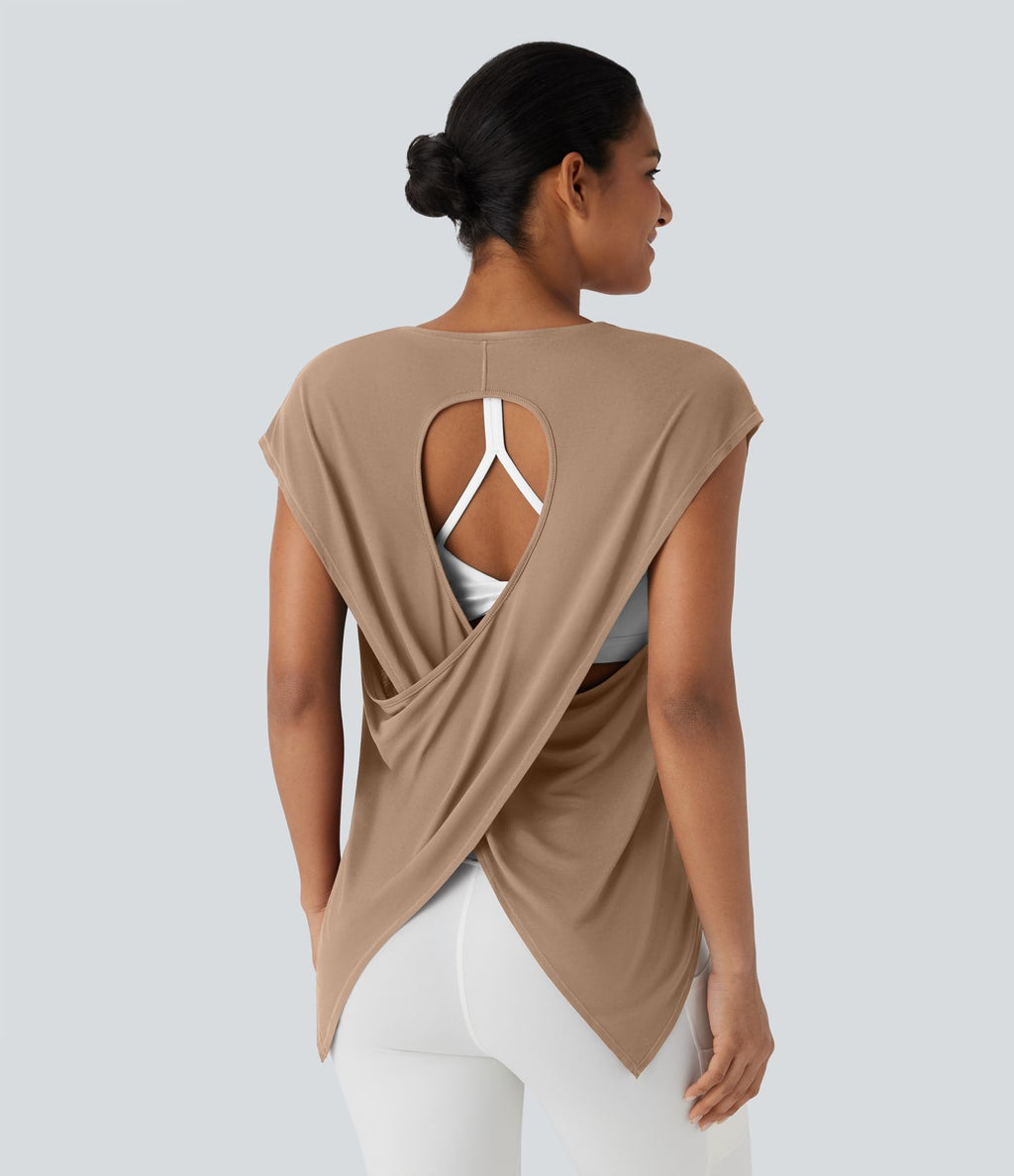 Top de sport running dos nu croisé ourlet asymétrique haut-bas