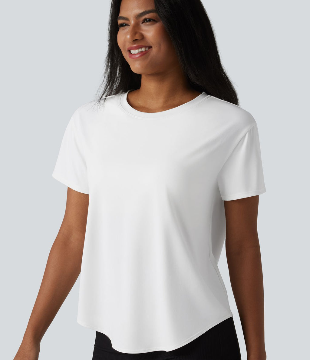 T-shirt décontracté à col rond, manches courtes, soutien-gorge intégré et ourlet arrondi