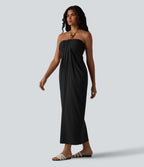 Robe longue estivale col licou dos nu avec lien soutien-gorge intégré aspect lin avec poches