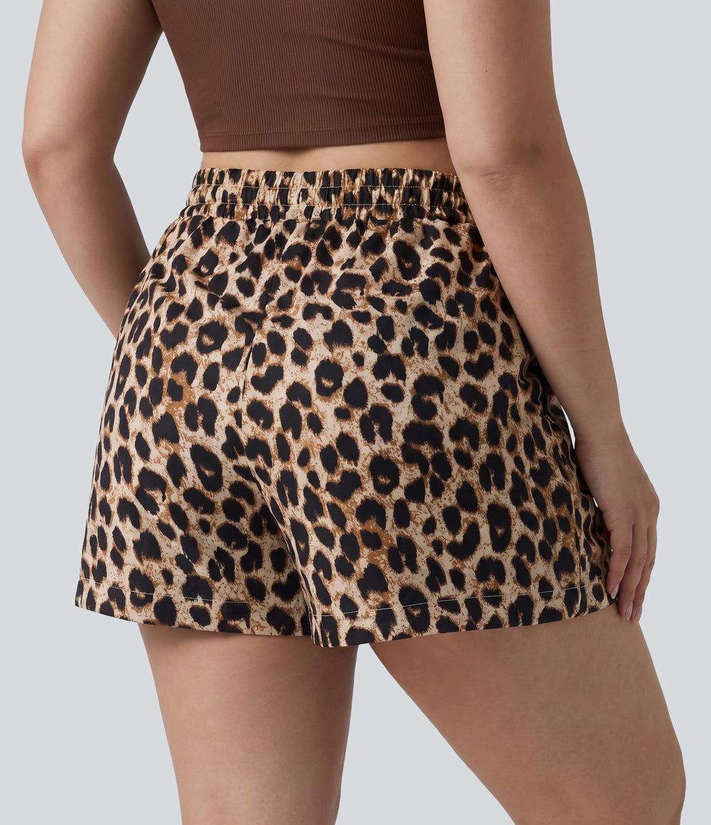 Short grande taille taille haute imprimé léopard avec cordon de serrage et poches