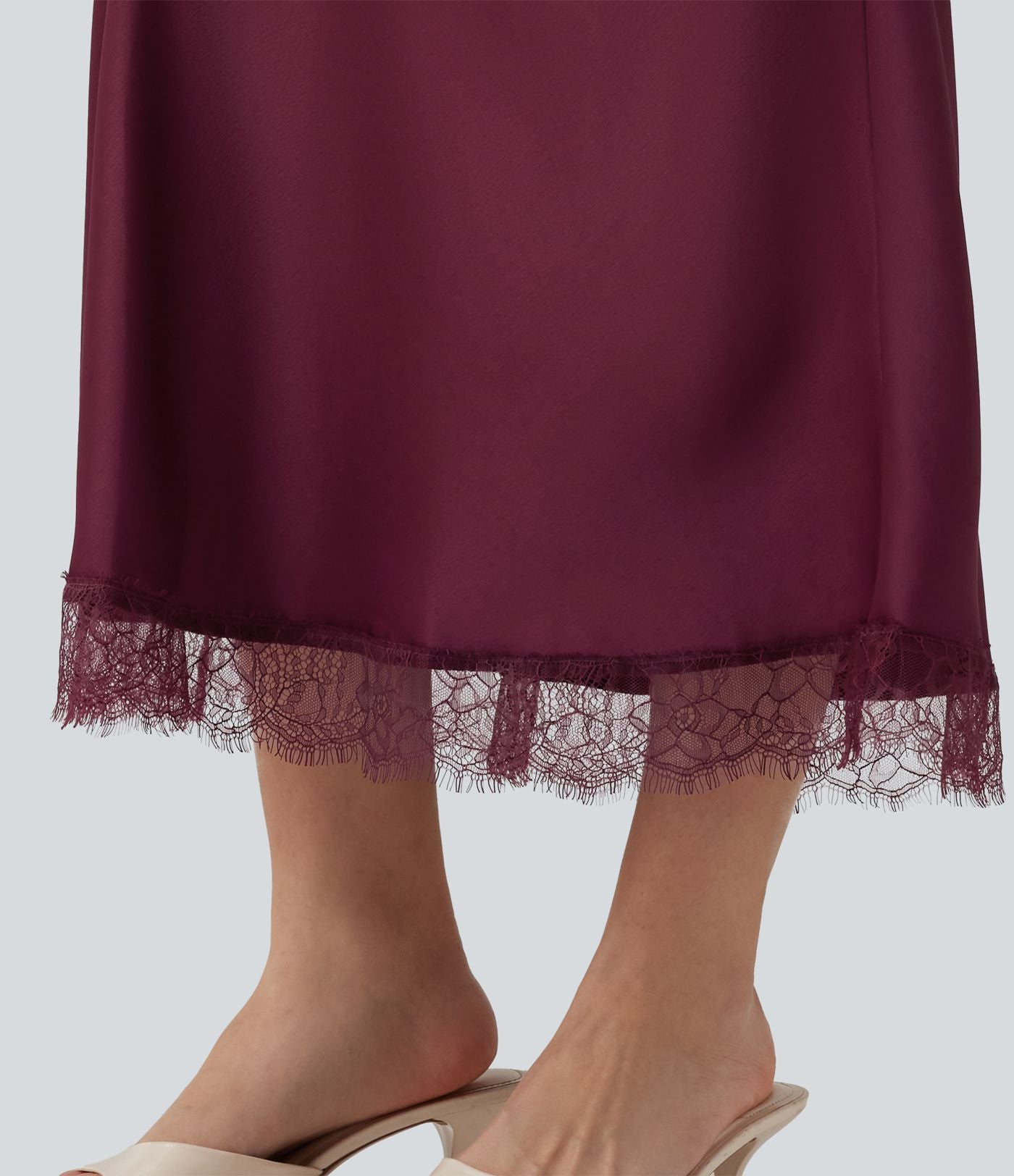 Jupe midi trapèze décontractée en satin et dentelle contrastée, taille haute