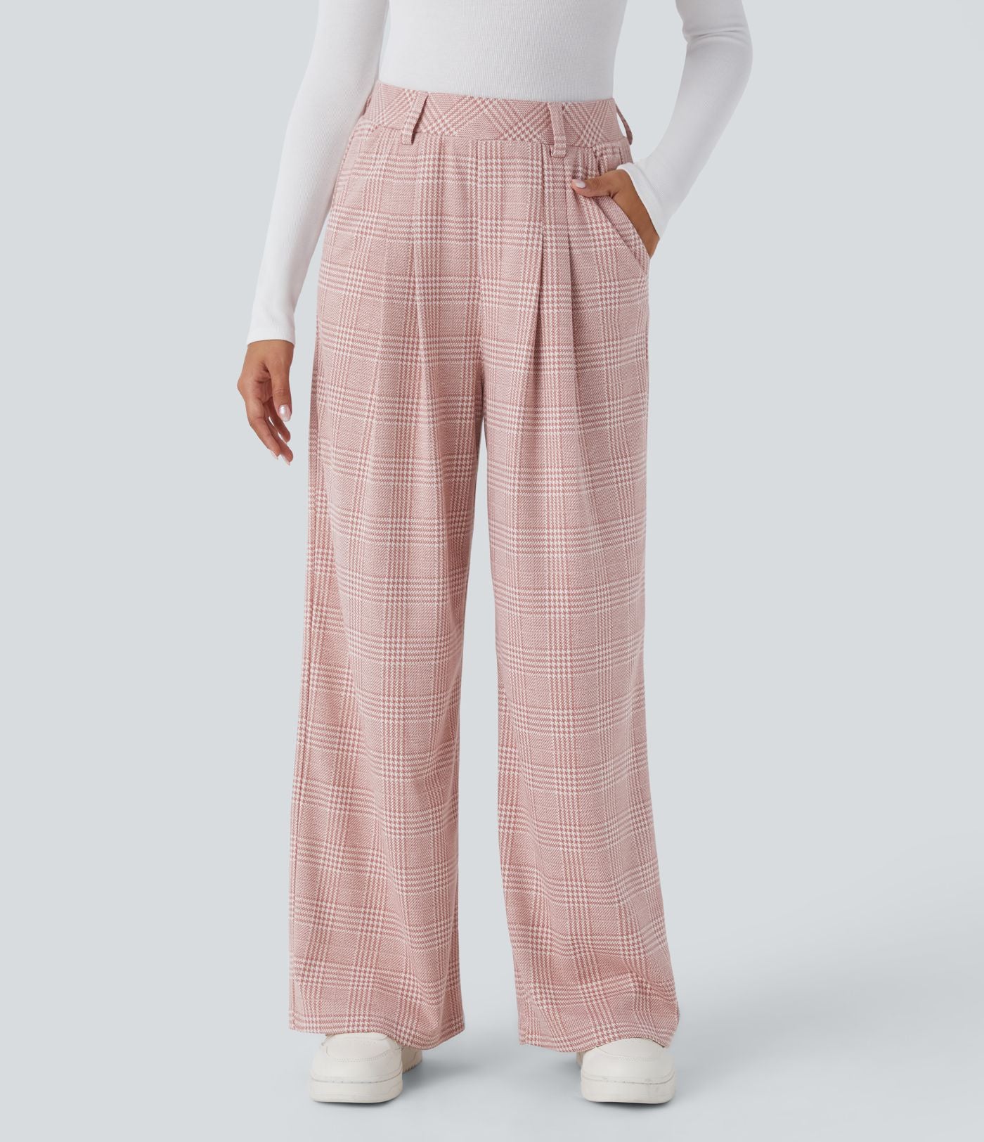 Pantalon taille haute décontracté large à carreaux, avec poches