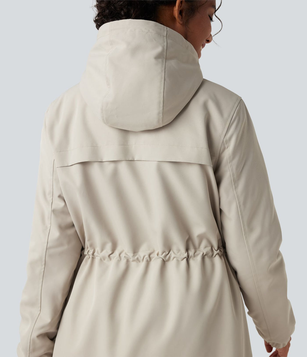 Parka longue polaire à capuche avec cordon de serrage manches longues et poches