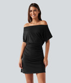 Robe mini décontractée asymétrique une épaule avec détails froncés, effet ventre plat et short intégré
