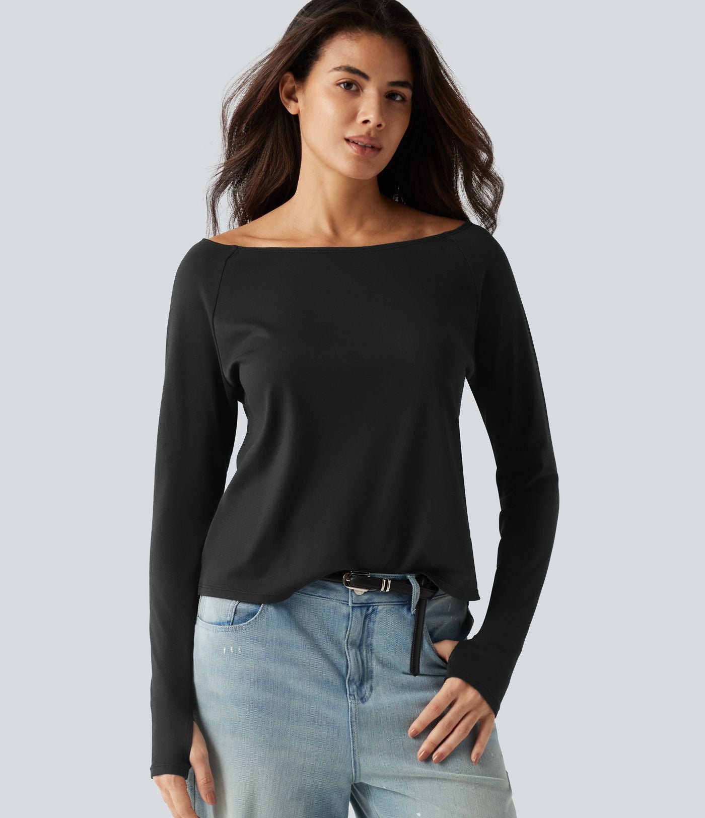 T-shirt en coton Pima à encolure bateau, manches longues et passe-pouces