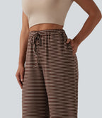 Pantalon large décontracté à rayures et taille haute avec cordon de serrage et poches