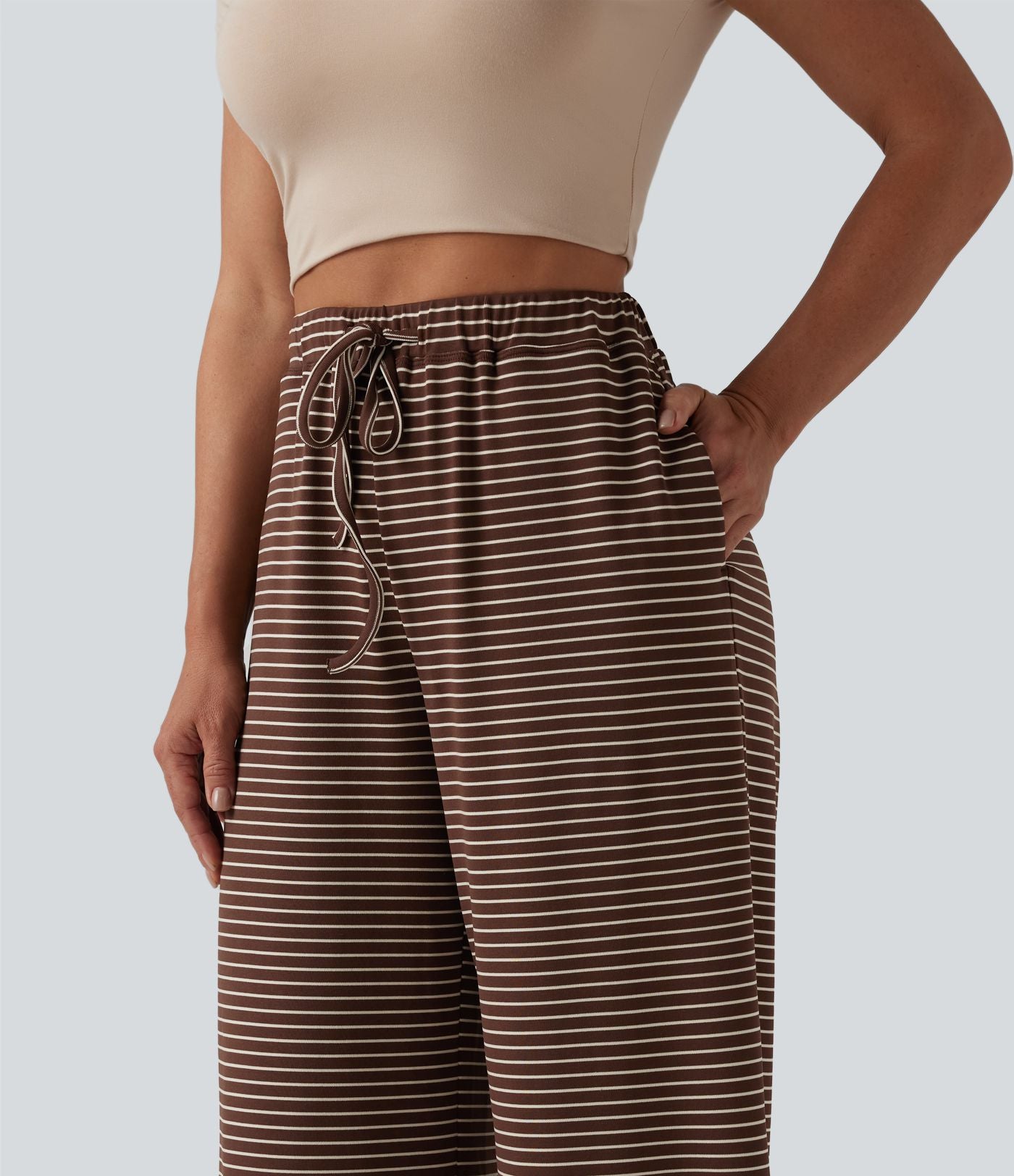Pantalon large décontracté à rayures et taille haute avec cordon de serrage et poches