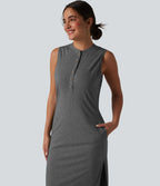 Robe midi décontractée sans manches col tunisien avec poches