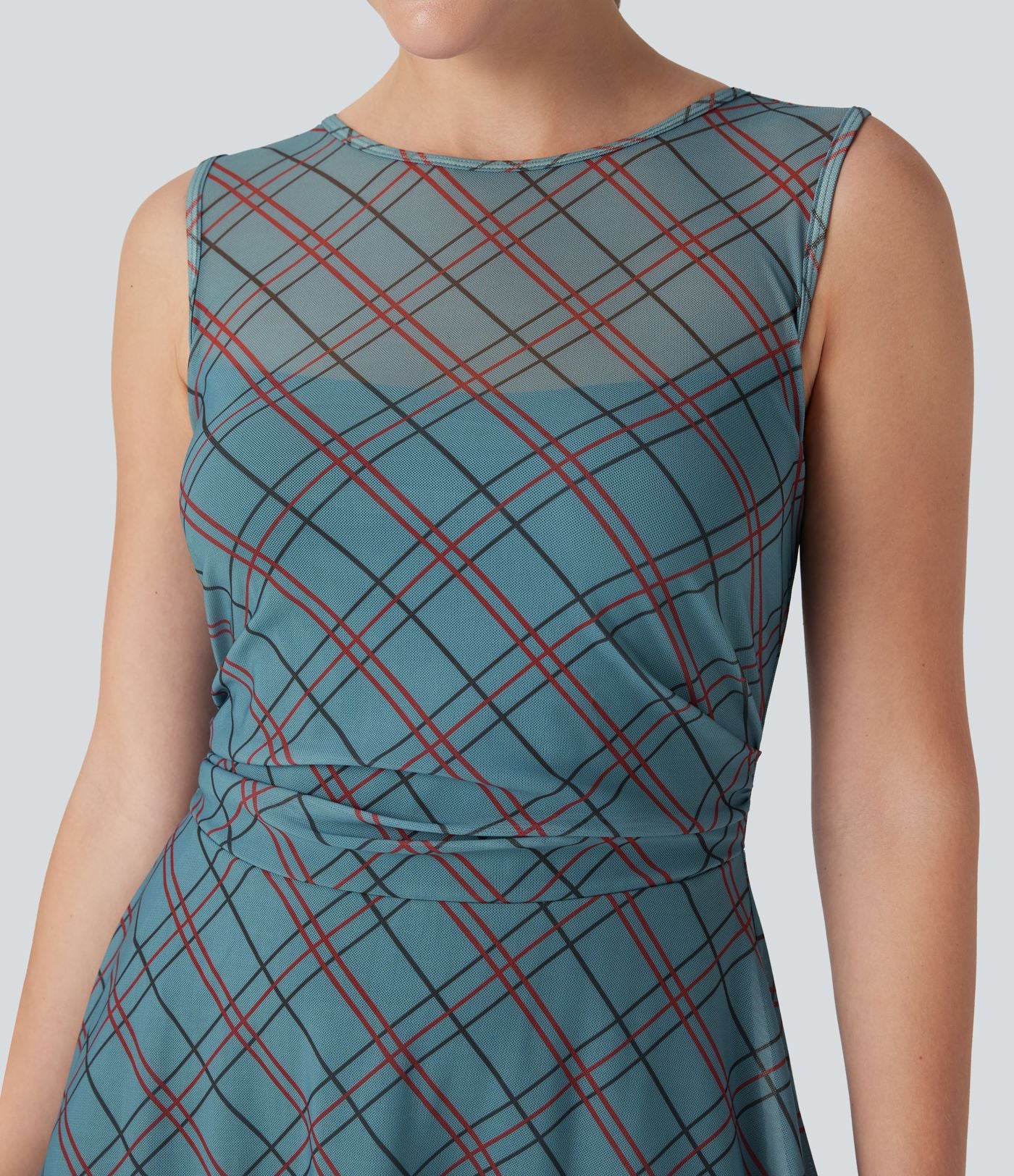 Robe mini décontractée 2-en-1 sans manches à carreaux avec empiècements mesh contrastés et poche latérale